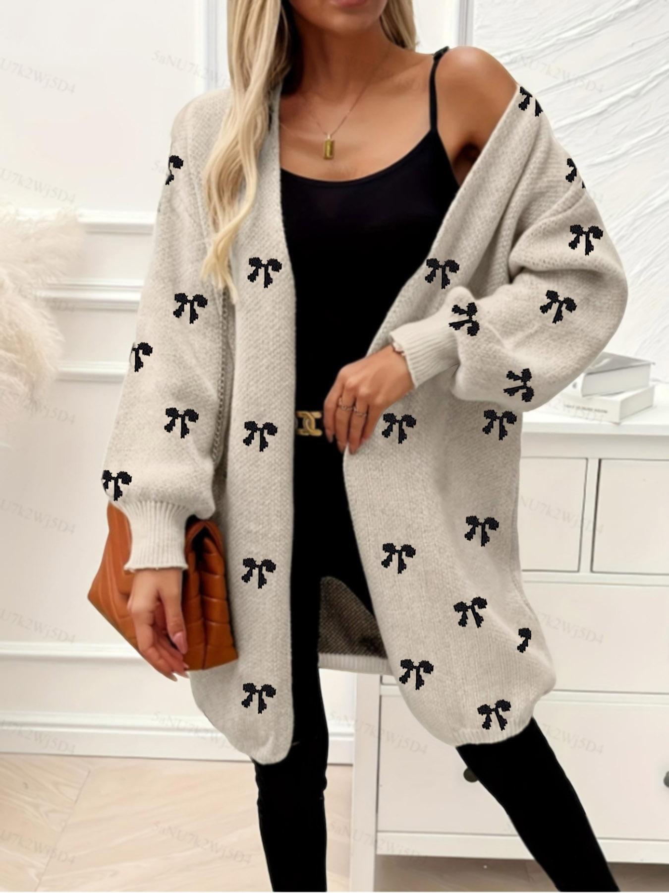 Women's Plus Size Loose Fit Cute Bowknot Casual Cardigan, Perfect for Autumn & Winter