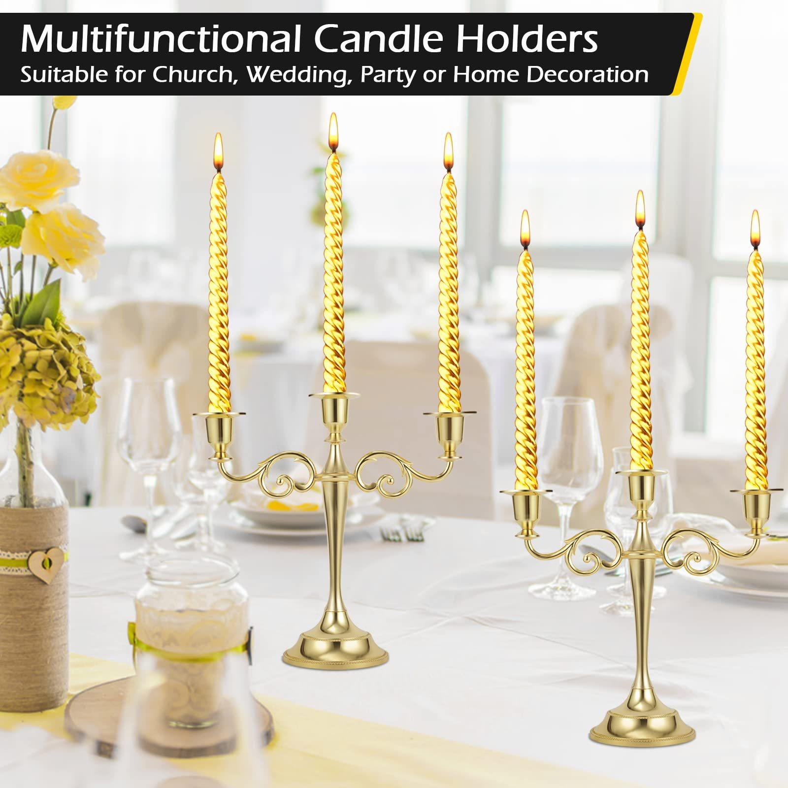 three-head gold candlestick, metal candlestick, gothic candlestick, vintage candlestick, suitable for weddings, churches, Halloween, Christmas, formal events, hotel living room and western restaurant table decoration.