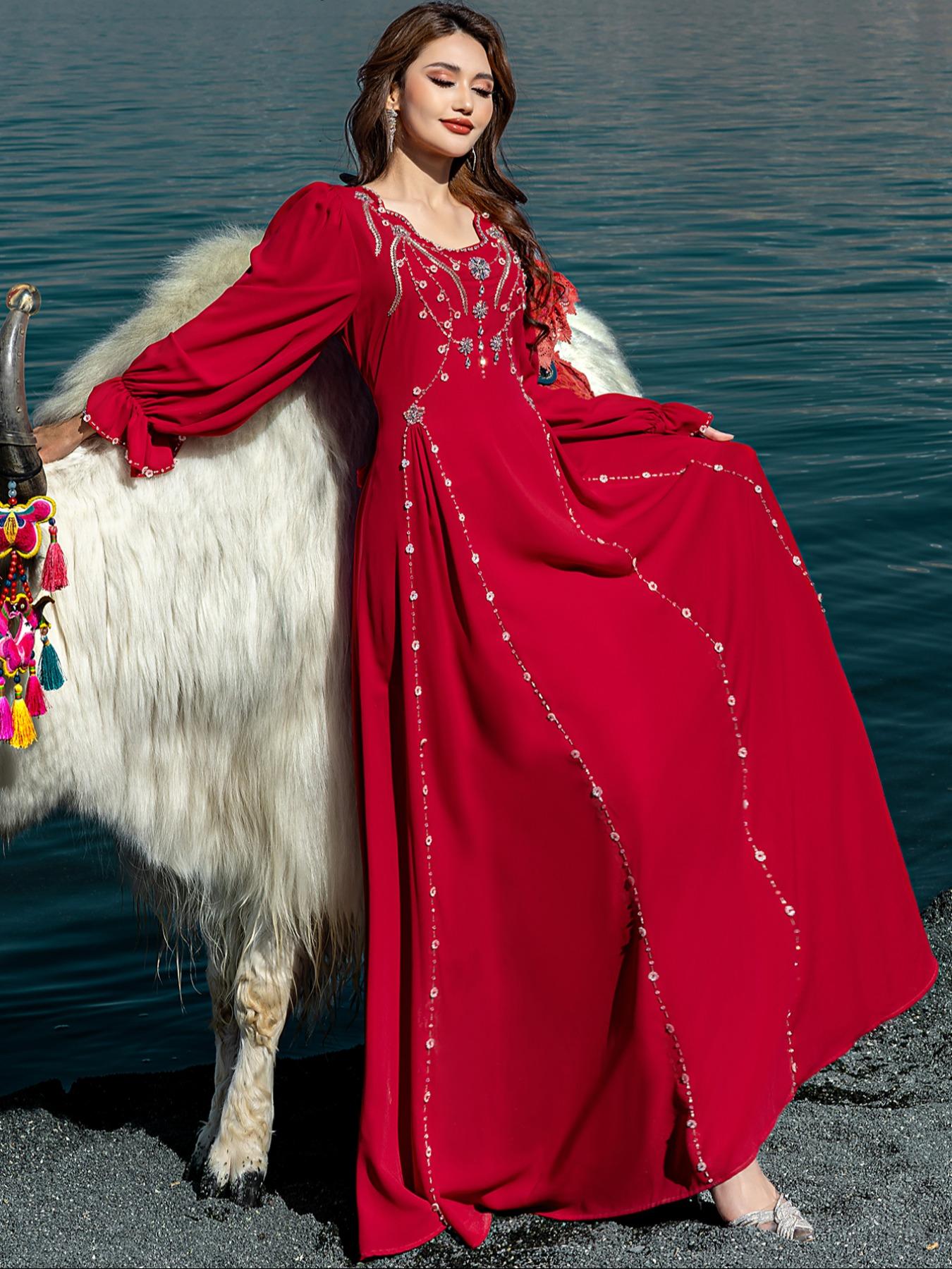 Embroidered Abaya Dress, Formal Wear, V Neck, & Silver Beads, Flare Sleeves, Elegant Fitted, Perfect for Formal Weddings & Eid Celebrations