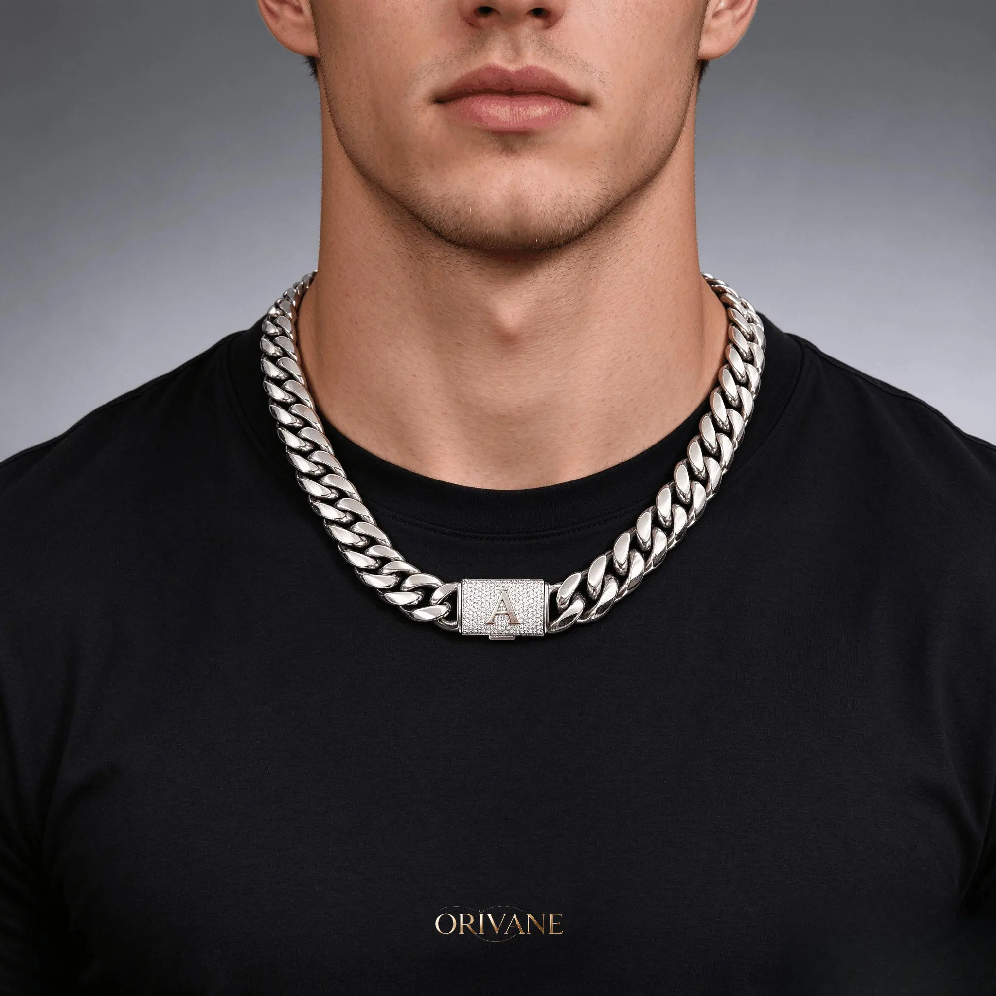 ORIVANE Men's Silver Cuban Link Chain Necklace & Bracelet – Iced Out Letter A Clasp, Thick Miami Cuban Chain, Hip Hop Jewelry for Men