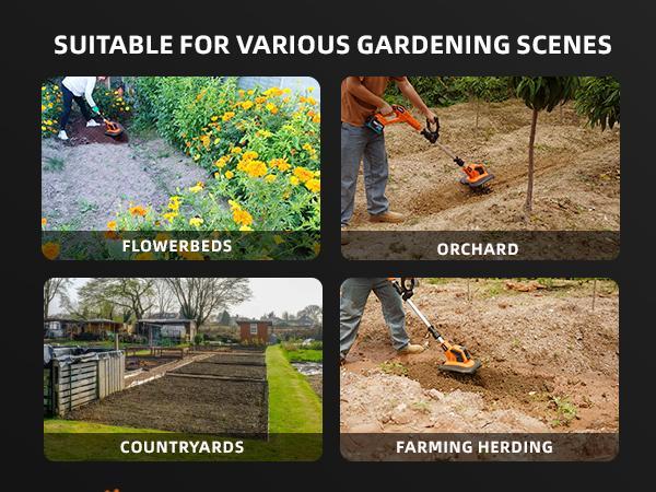 Product Introduction of Yofidra 21V Cordless Tiller Cultivator 360RPM Electric Garden Tool with Ergonomic Handle & Adjustable Handle for Lawn Gardening Soil Cultivation lawn equipment Blades Cutting 6