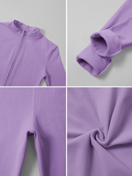 Women's Sporty Tight-Fit Long Sleeve Workout Jumpsuit, Plain Pattern, Fleece Lined, Half-Zipper Design, Fall & Winter Yoga Gym