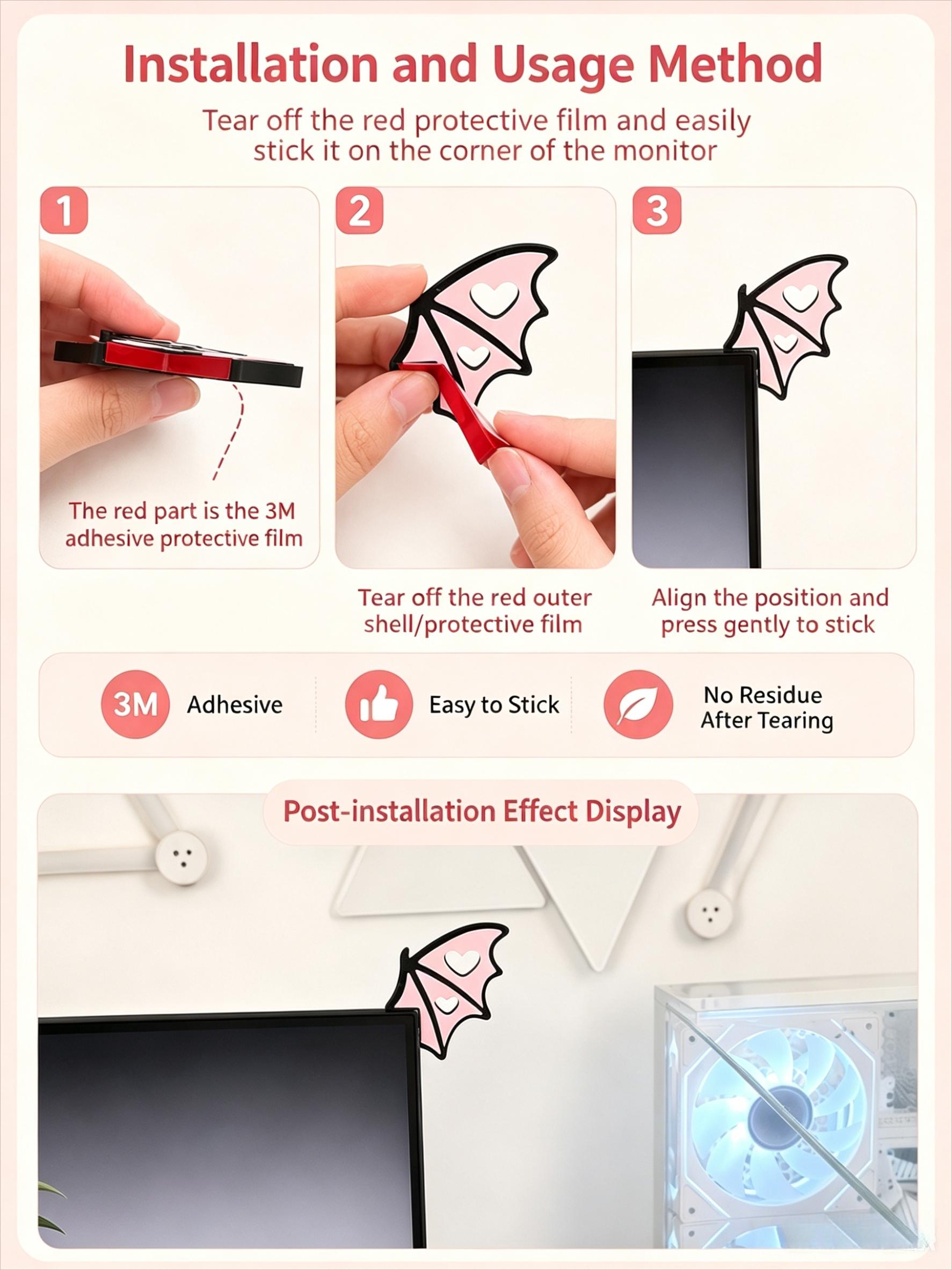 Gothic Bat Wings Screen Decor | Kawaii Gaming Setup Accessories | Cool Devil Wings for Computer & Car Screen | Spooky Cute Desk Aesthetic Ornament