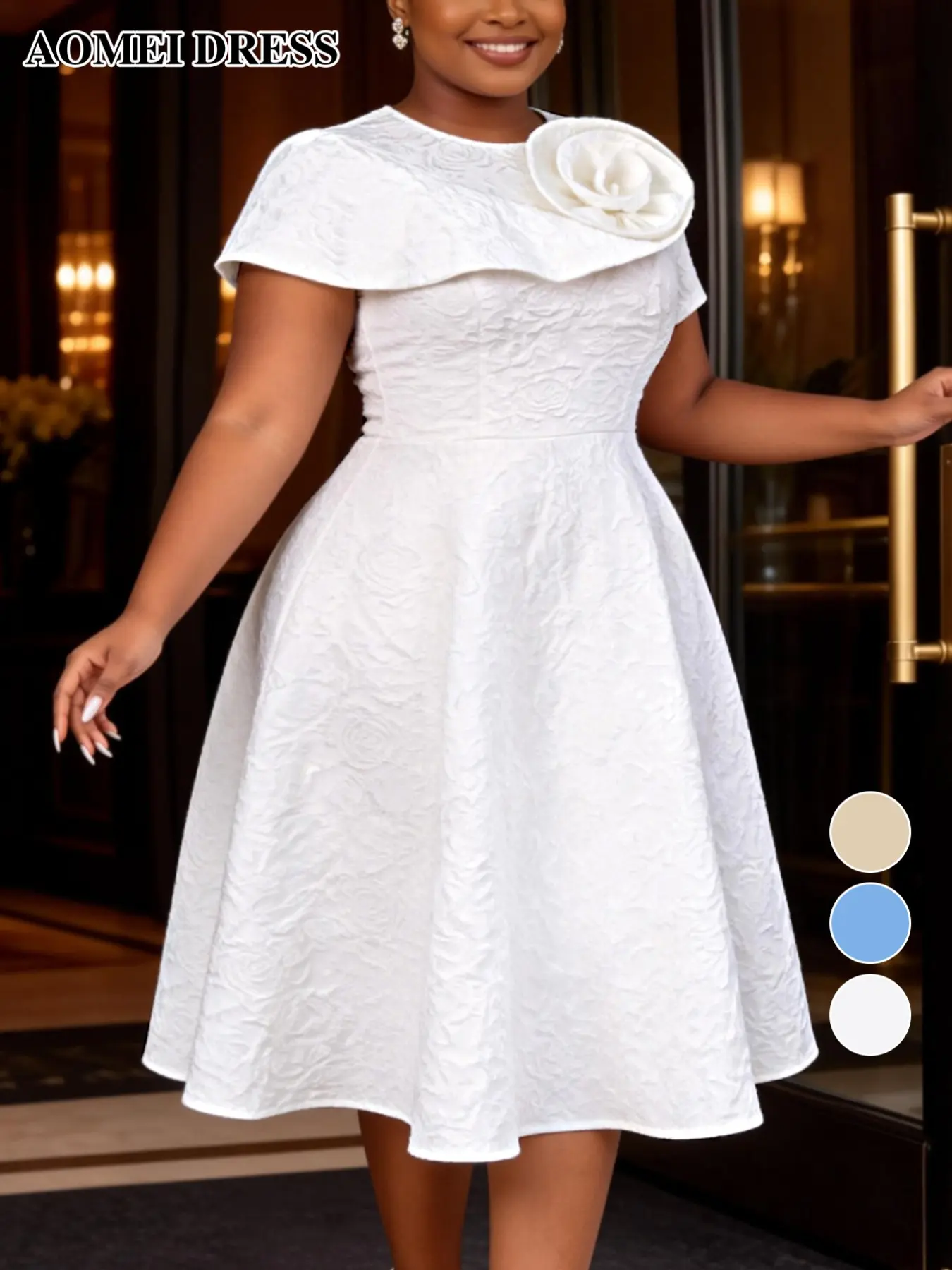 AOMEI DRESS Elegant A-Line Midi Dress, Jacquard Fabric Floral Design, High Waist Slimming, Perfect for Weddings and Formal Events, Fit