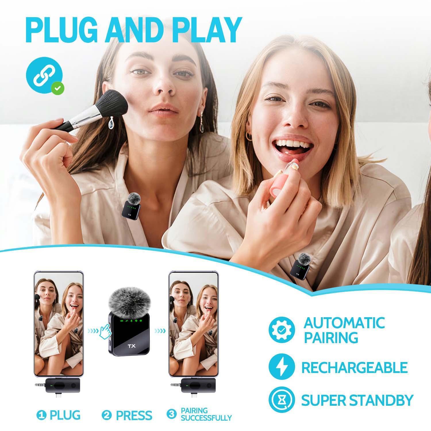 Wireless Lapel Lavalier Microphone for iOS/android/camera, Noise Reduction Rechargeable Battery, Ideal for Video Recording Podcasts Vlogs Live Streaming Wireless Lapel Lavalier Microphone for iOS/android/camera, Noise Reduction Rechargeable Battery, Ideal for Video Recording Podcasts Vlogs Live Streaming