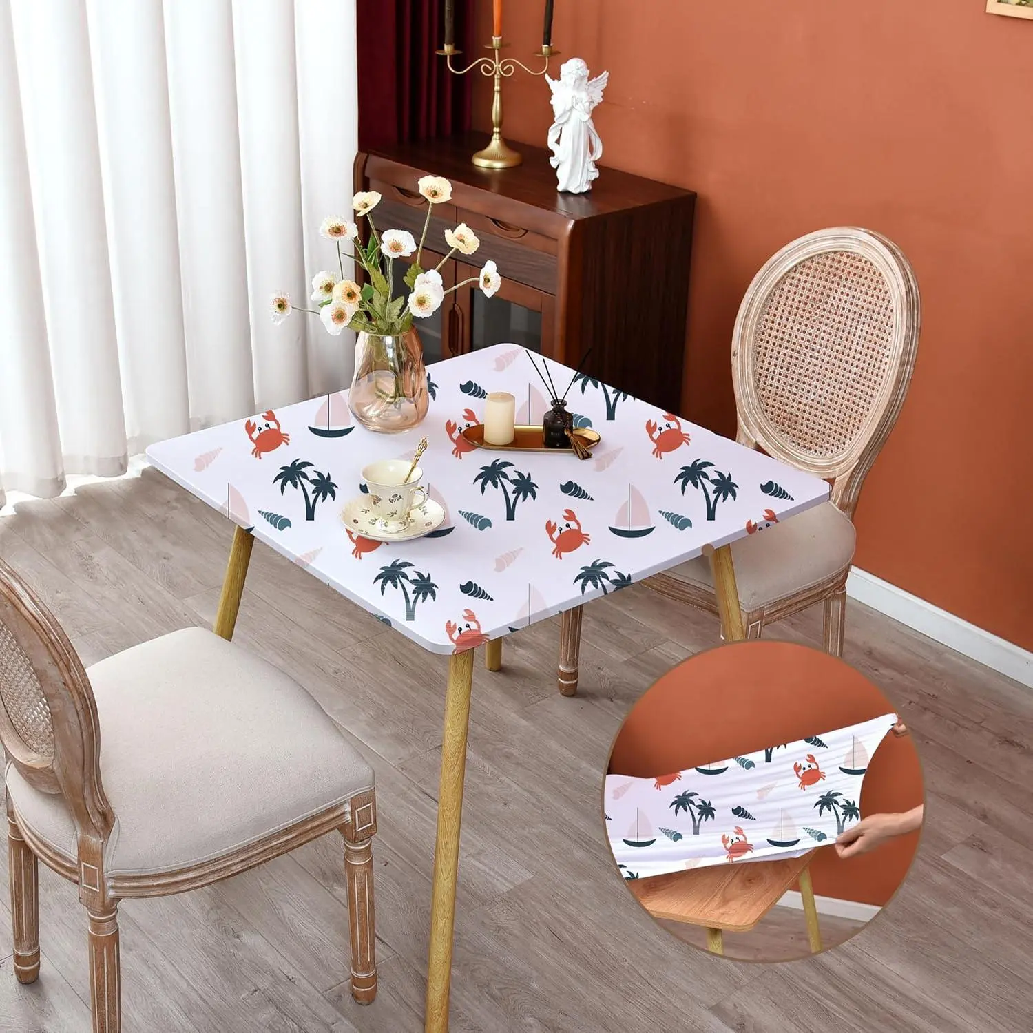 Elastic Square Table Cloth Tablecloth 42x42 Inch Coastal Summer| Square Elastic Edge Table Cover Protector, Wrinkle Resistant Reusable Tablecloth for Outdoor Patio Picnic Dining Coastal Crab