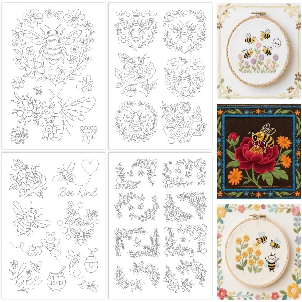 4 Sheets Water Soluble Embroidery Patterns Stabilizers - Pre-Printed  & Flower Designs - Stick and  Embroidery Paper Hand Sewing Stabilizers for Embroidery Beginners