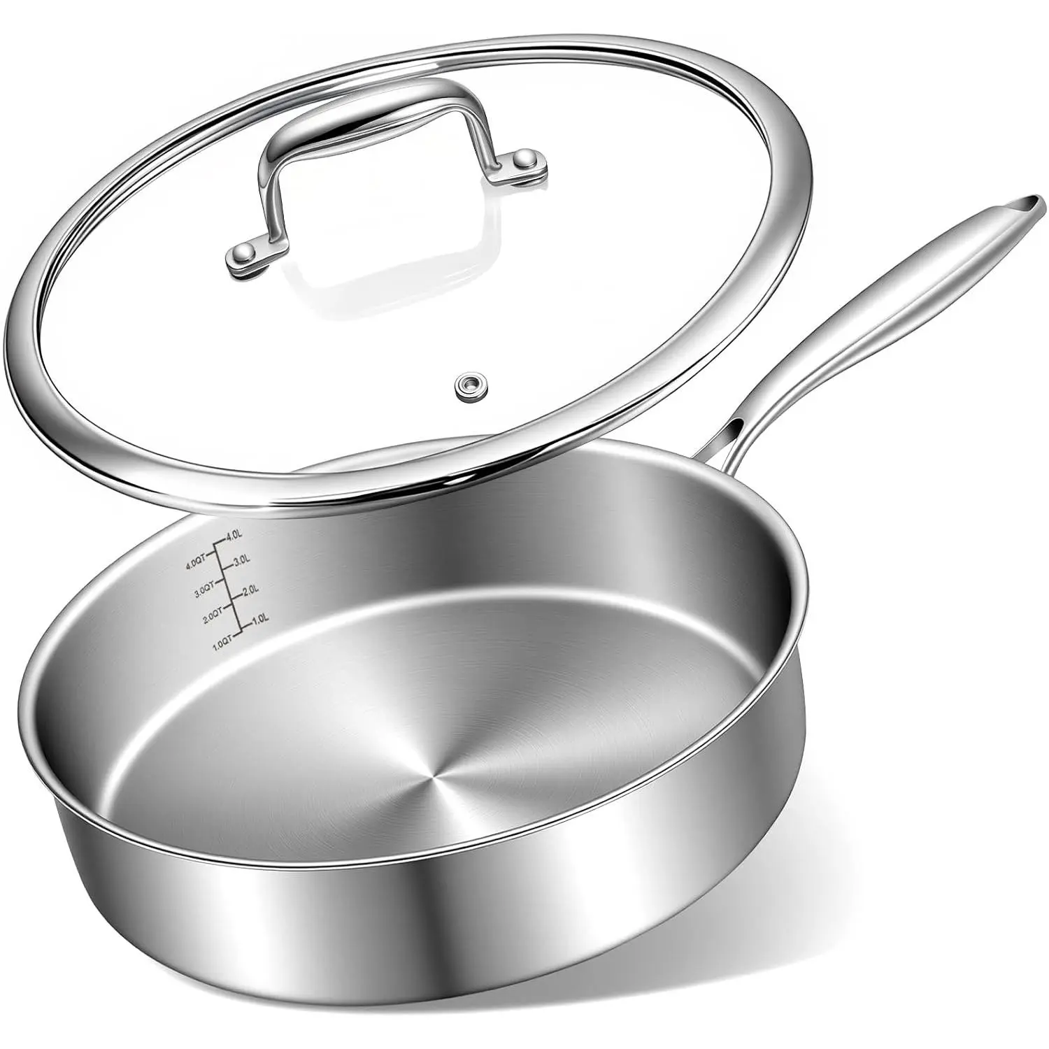 12 Inch Tri-Ply Stainless Steel Frying Pan, Compatible with All Cooktops Up to 600℉, Large Frying Pan with lids, Induction-Ready Skillet, Dishwasher and Oven Safe, Even Heat, 12" Saute Pan+Lid