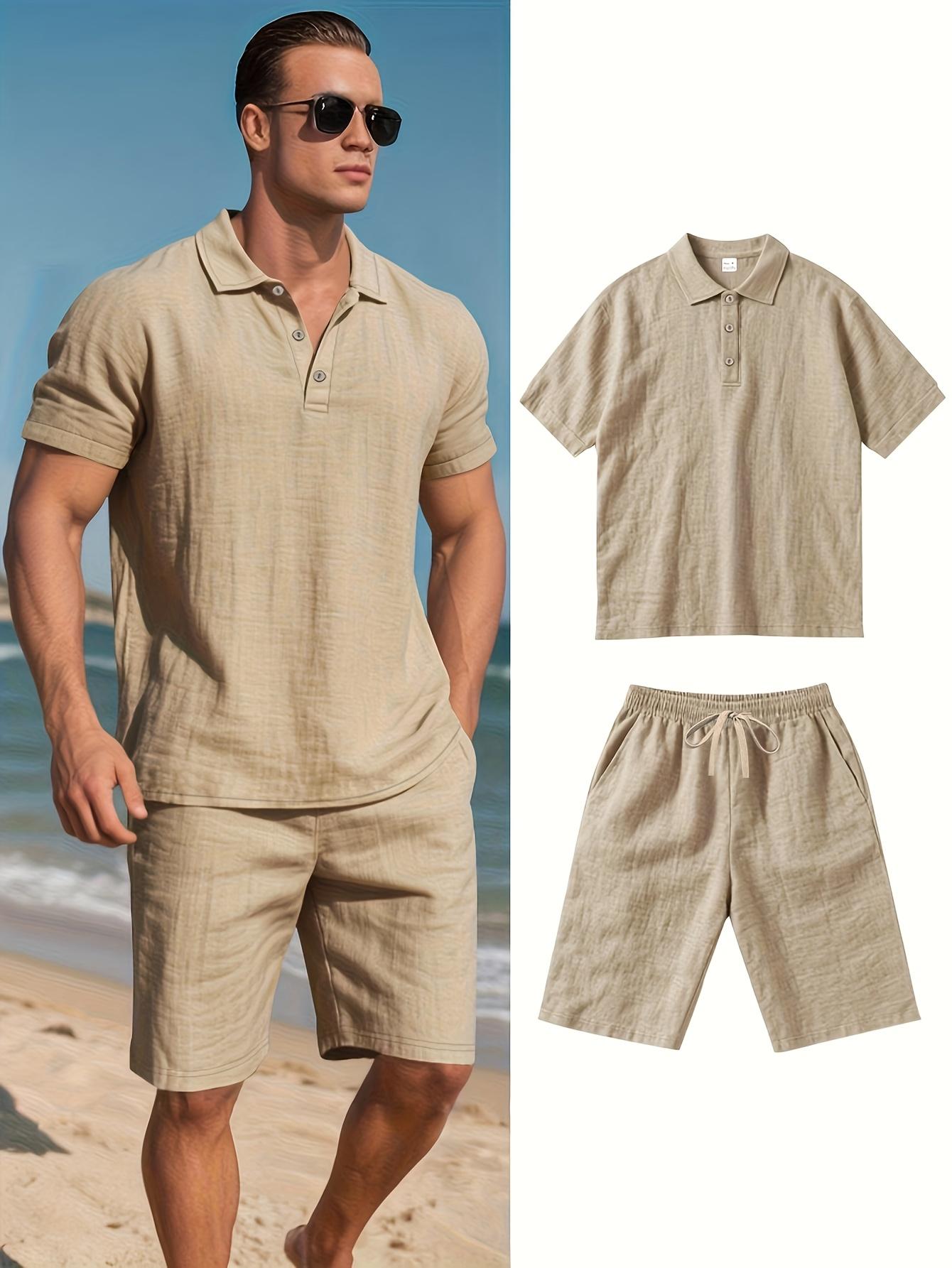 Men's 2-Piece Classic Linen Fabric Polo Shirt & Shorts Set, Short-Sleeve Quick-Dry Breathable Casual Outdoor Evening Clothes, Plain Menswear Outfit