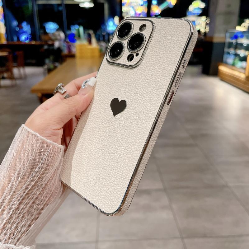 Luxury Solid Color Leather Plating Border Love Logo Phone Case For iPhone 16 Pro Max 14 11 12 13 15 Pro Max Bumper Back Cover