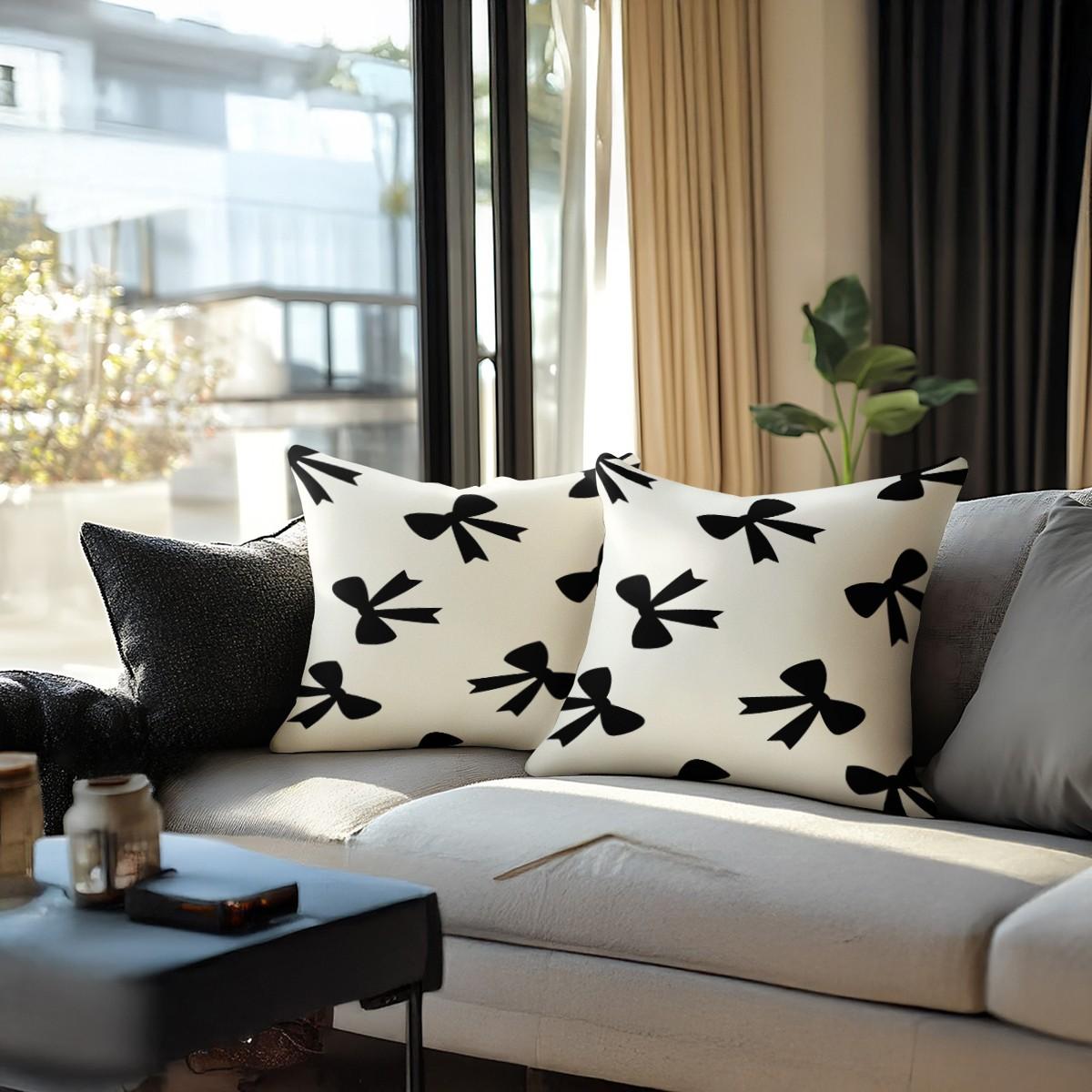 Cute Bow Print Throw Pillow, Heart Checkerboard Decorative Sofa Cushion, Exquisite Gift for Girls & Women, with Pillow Insert