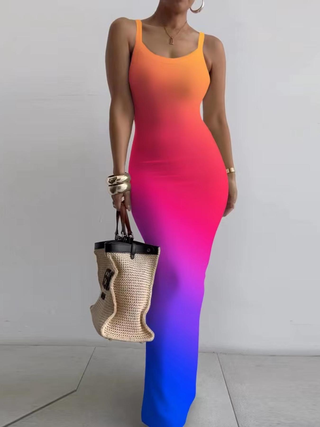 Women's Random Print Bodycon Dress, Elegant Sleeveless Long Dress for Beach Holiday Vacation, Ladies Summer Clothes, Sun Dresses, Casual Wear