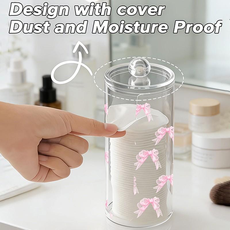 Bow Pattern Transparent Cotton Pad Box, Cylindrical Large Capacity Storage, Washable & Easy to Clean, Ideal for Beauty Tools, Plastic Canister Jar