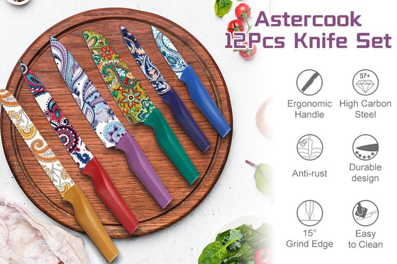 Astercook 6-Piece Color Knife Set, Paisley Pattern, Rust-Resistant Stainless Steel Knives, 6 Blade Guards, Dishwasher Safe. Utensils Kitchenware