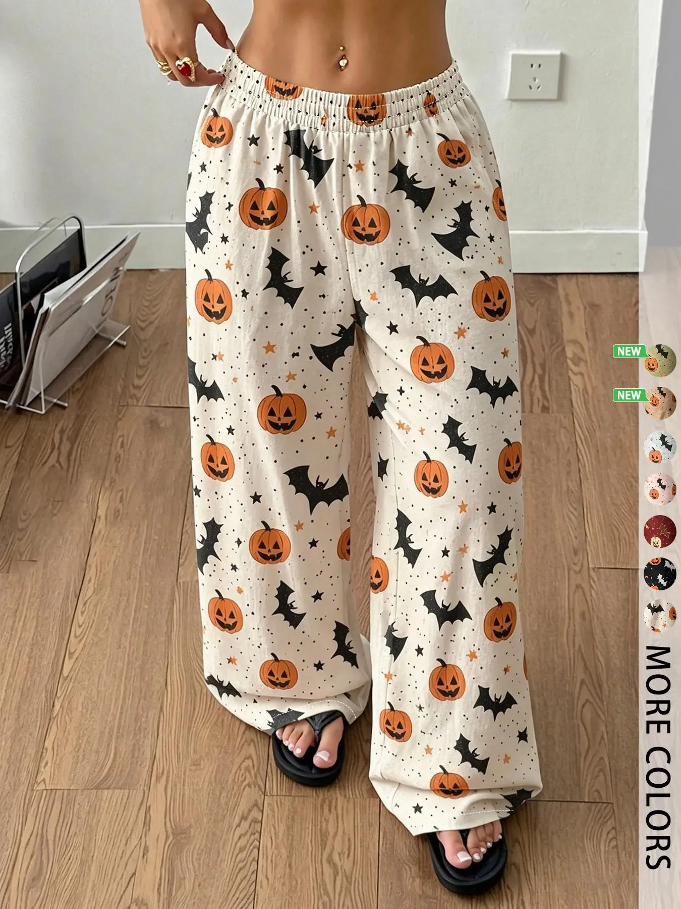 Women's Halloween Wide Leg Lounge Pants, Halloween Pumpkin And Bat Print Elastic Waist Loose Casual Trousers, Suitable For Halloween Party Outfits And Indoor Loungewear