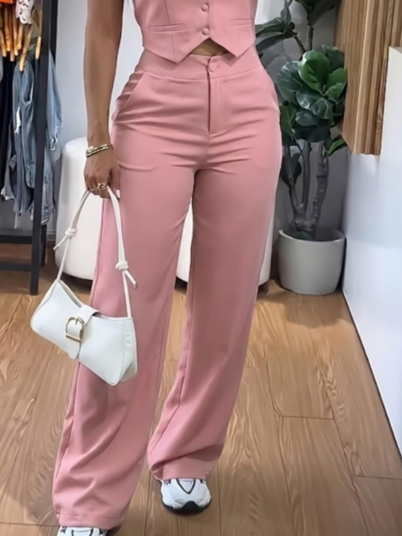Women's Two-Piece Set, Sleeveless Waist-Cropped Vest and Wide-Leg Pants, Casual Loose-Fit Solid Pattern, All-Season Outer Vest