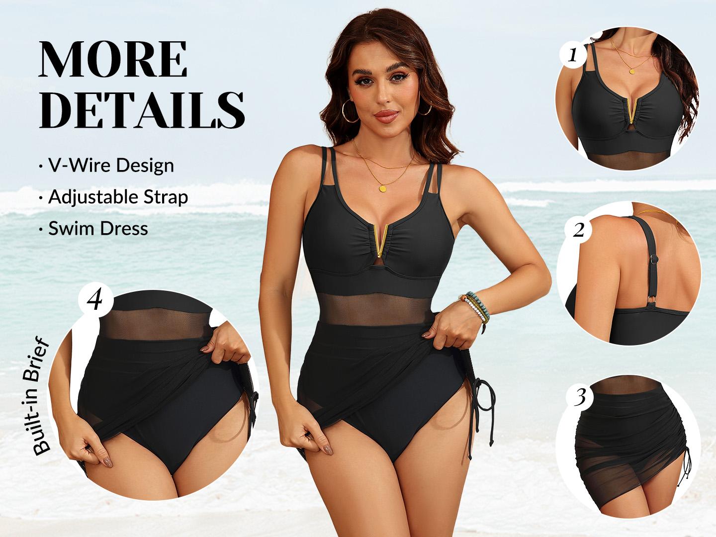 Yonique Womens Swim Dress One Piece - Swimsuit with Skirt Tummy Control Bathing Suit Mesh V-Wire Cutout Swimwear 2026