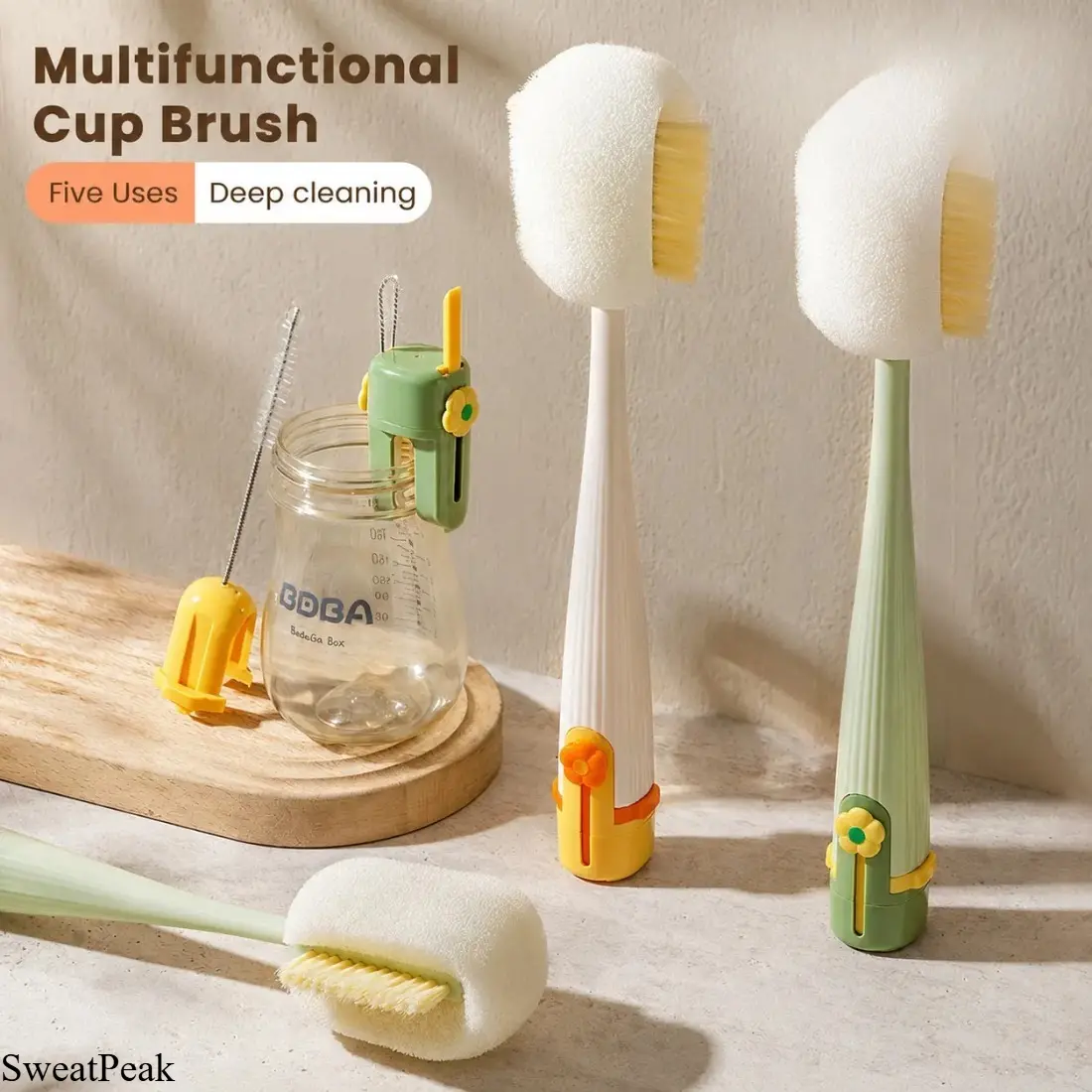 5-in-1 Bottle Cleaning Brush Set, Multifunctional Straw Cleaner and Cup Scrub Brush with Multiple Heads for Water Bottles, Tumblers, Cups and Straws, Reusable Deep Cleaning Tool for Kitchen, Home and Travel Essentials