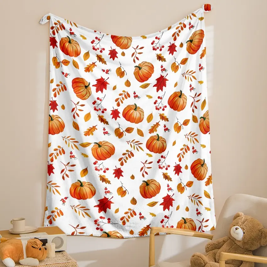 Autumn Leaves & Pumpkin Print Polyester Fiber Flannel Blanket - Soft Warm Contemporary Home Decor Throw for Sofa, Bed, Multi-Purpose Holiday & Back-to-School Gift