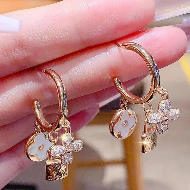 Vintage Multi-Charm Tassel Stud Earrings for Women, White Shell Padlock Rhinestone Flower & Clover Motifs, Elegant Premium Dangle Earrings for Daily Wear & Special Occasions