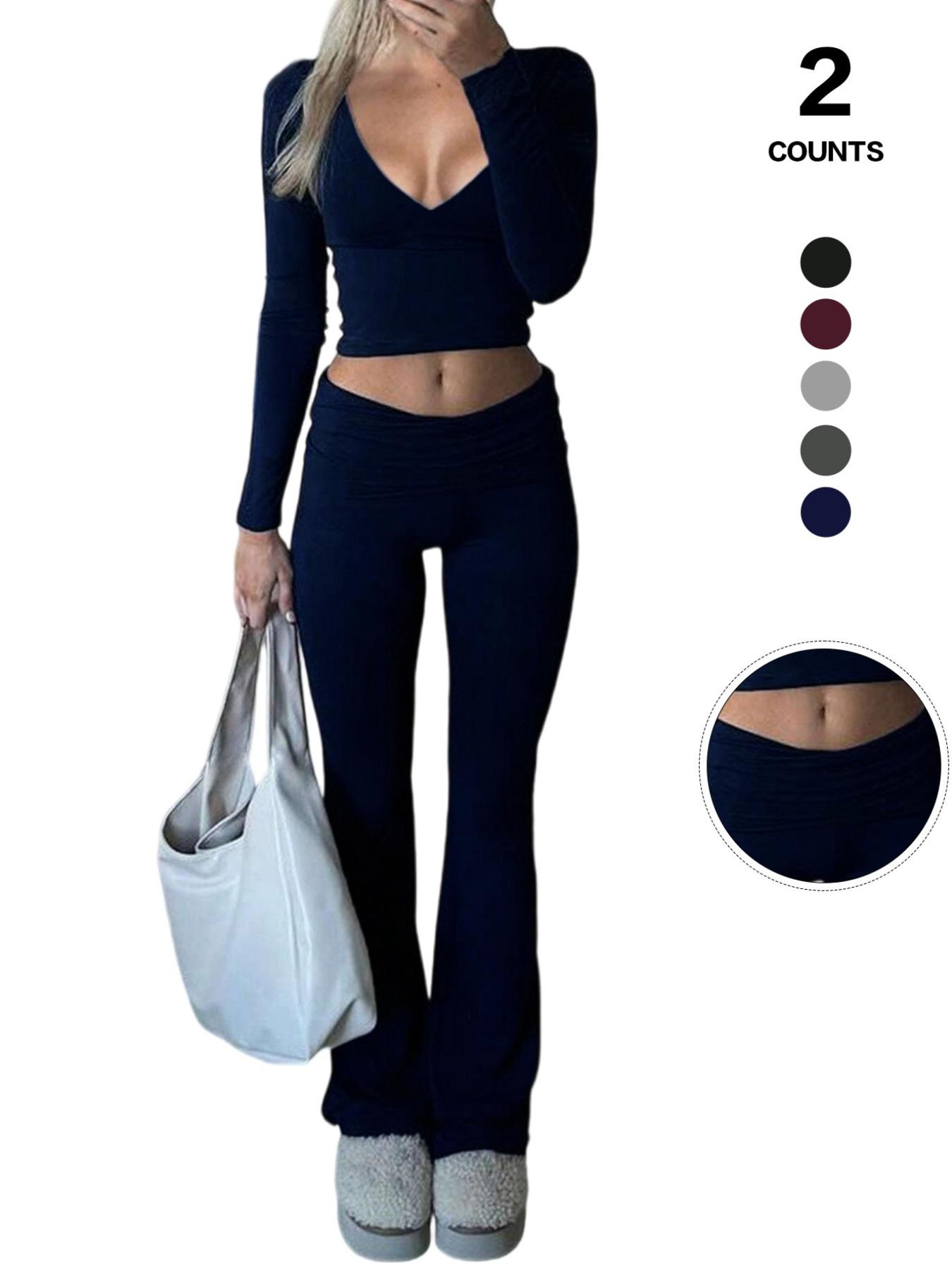 Women's 2 Piece Matching Set Long Sleeve Deep V Neck Crop Top and Foldover Flare Leggings Yoga Outfit,Women's 2 Piece Matching Set Long Sleeve Deep V Neck Crop Top and Foldover Flare Leggings Yoga Outfit Yoga Bottoms,Airport Outfit, Flare Leg Sports