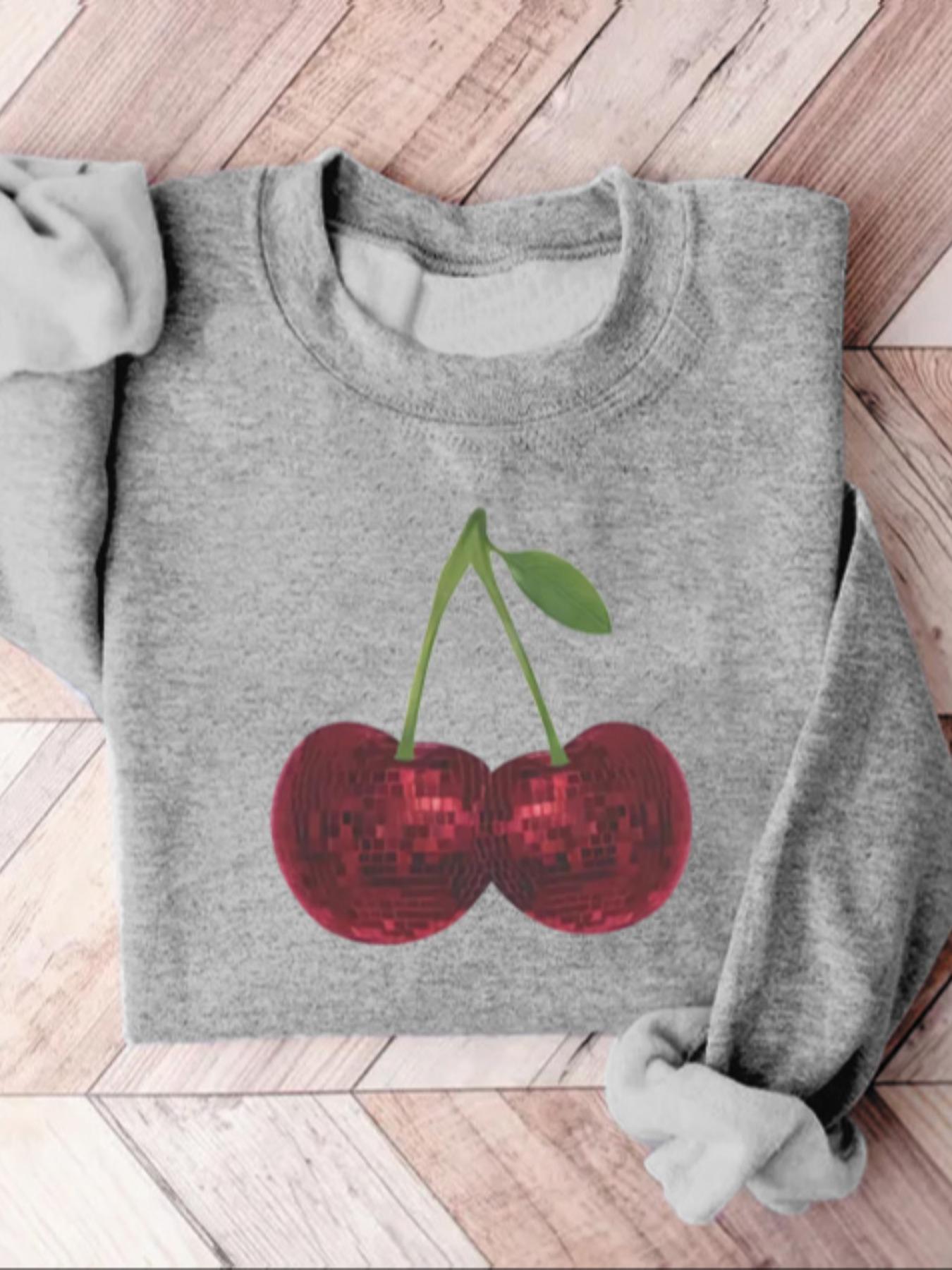 Women's Cherry Print Crew Neck Sweatshirt, Fashion Casual Long Sleeve Pullover for Fall & Winter, Women's Clothes for Daily Wear