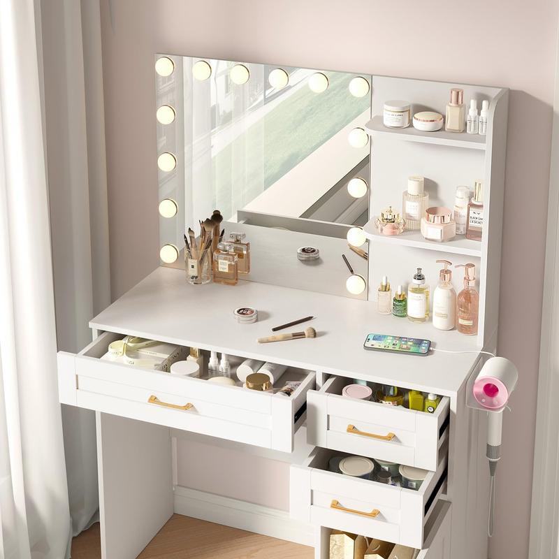 Vanity Desk with LED Lighted Mirror & Charging Station, Makeup Vanity Set with 3 Drawers, Cabinet, Shelves & Cushioned Stool, Modern White Dressing Table for Bedroom