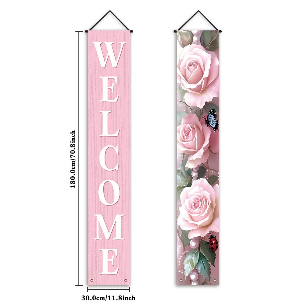 1 Pair 2D Flat Banners, Yard Sign Banner, Spring-Themed Front Door Porch Sign Party Banners with "WELCOME" Lettering, Pink Rose Design, Polyester, Suitable for Spring Parties, Home, Indoor/Outdoor Celebrations, Hanging Decorations