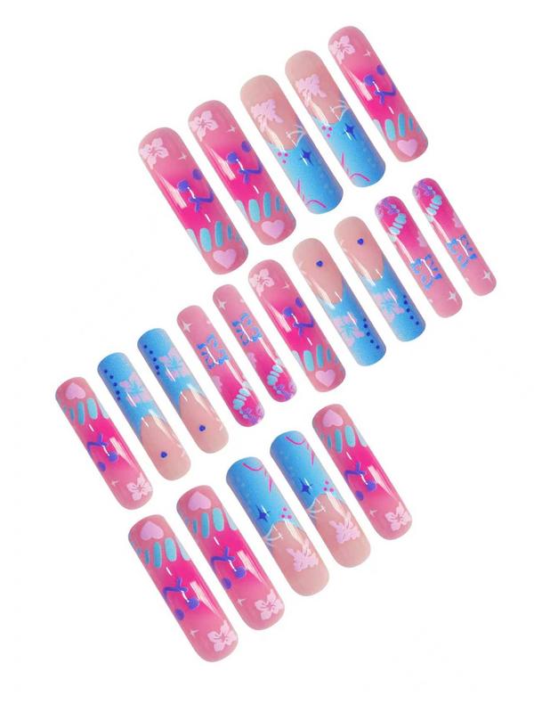 20-Piece Medium Length Press-On Nails Set, Sweet Blue Floral Design with Glossy Finish, Easy to Wear Curved Shape Nail Art for Girls