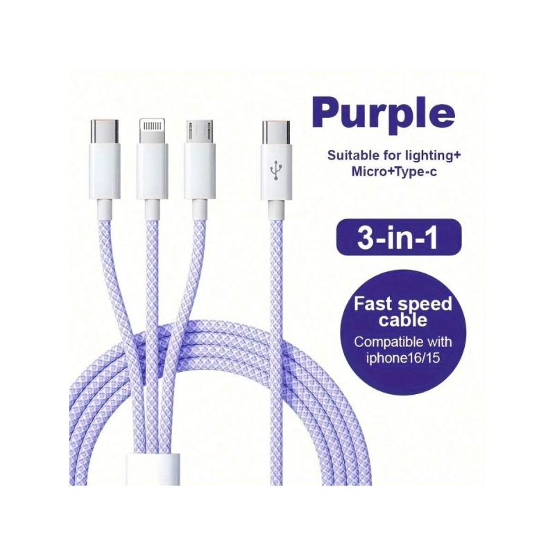Typec 3-in-1 USB Cable, Super Fast Charging, Pd & USB-C to Type-C Cord, Car Charging Cable for Iphone16/15/14/13, Braided Fast Charge Data Cable Type-C to Lightning & Android Pd Interface Fast Charging Function