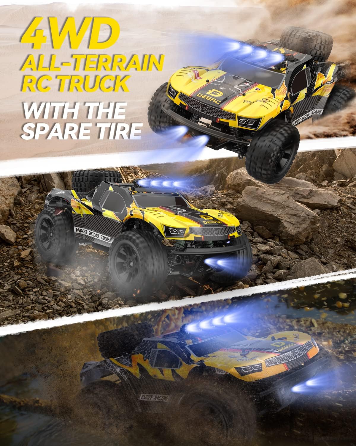DEERC 9201E 1:10 Large Remote Control Truck with Lights, Fast Short Course RC Car, 48 km/h 4x4 Off-Road Hobby Grade Toy Monster Crawler Electric Vehicle with 2 Rechargeable Batteries