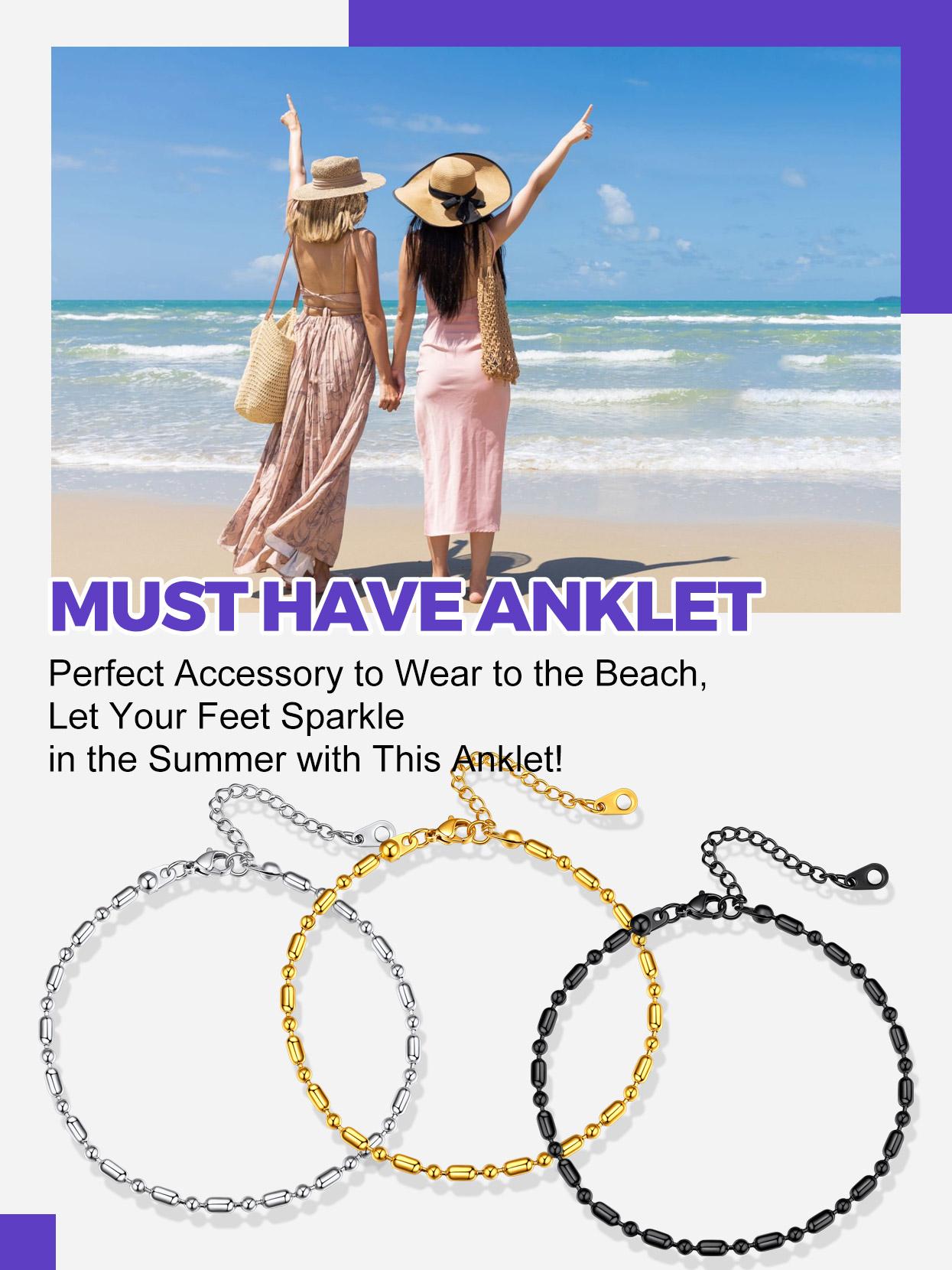 FindChic 3mm Width Short And Long Beaded Anklet Adjustable Stainless Steel Dainty Summer Foot Chain Anklet Bracelet Summer Jewelry Unisex For Women Girlfriend