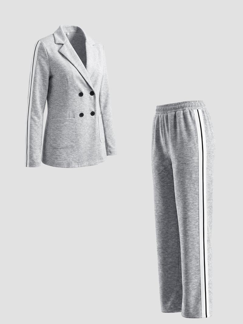 Valentine's Day Women's Striped Print Blazer Jacket & Wide Leg Pants Set, Casual Fitted Suit for All Seasons, Stylish Ladies' Clothing Ensemble