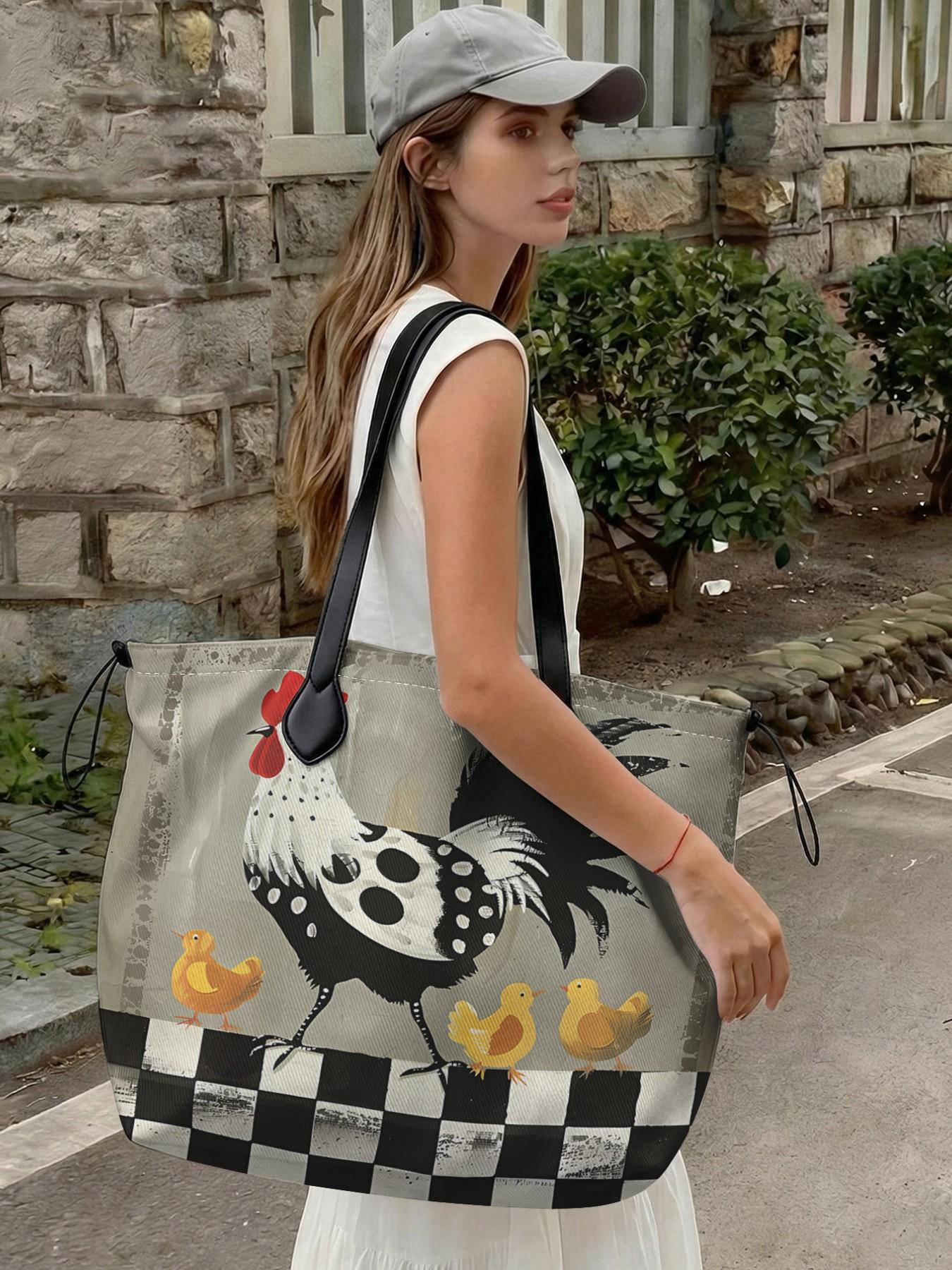 Rooster Pattern 2D Printed Drawstring Tote Bag, Large Capacity Shopping Bag, Durable All Season Use, Ideal for Work, Shopping, Picnic, Travel Tote