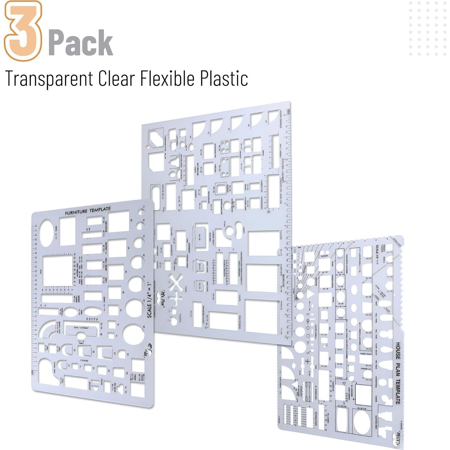 - House Plan, 3 count, Interior Design and Furniture Templates | Clear Flexible Plastic, Drafting Tools, Ruler Shapes for Architecture, 1/4 Inch Scale, Kitchen, Bath, Bedroom, Office