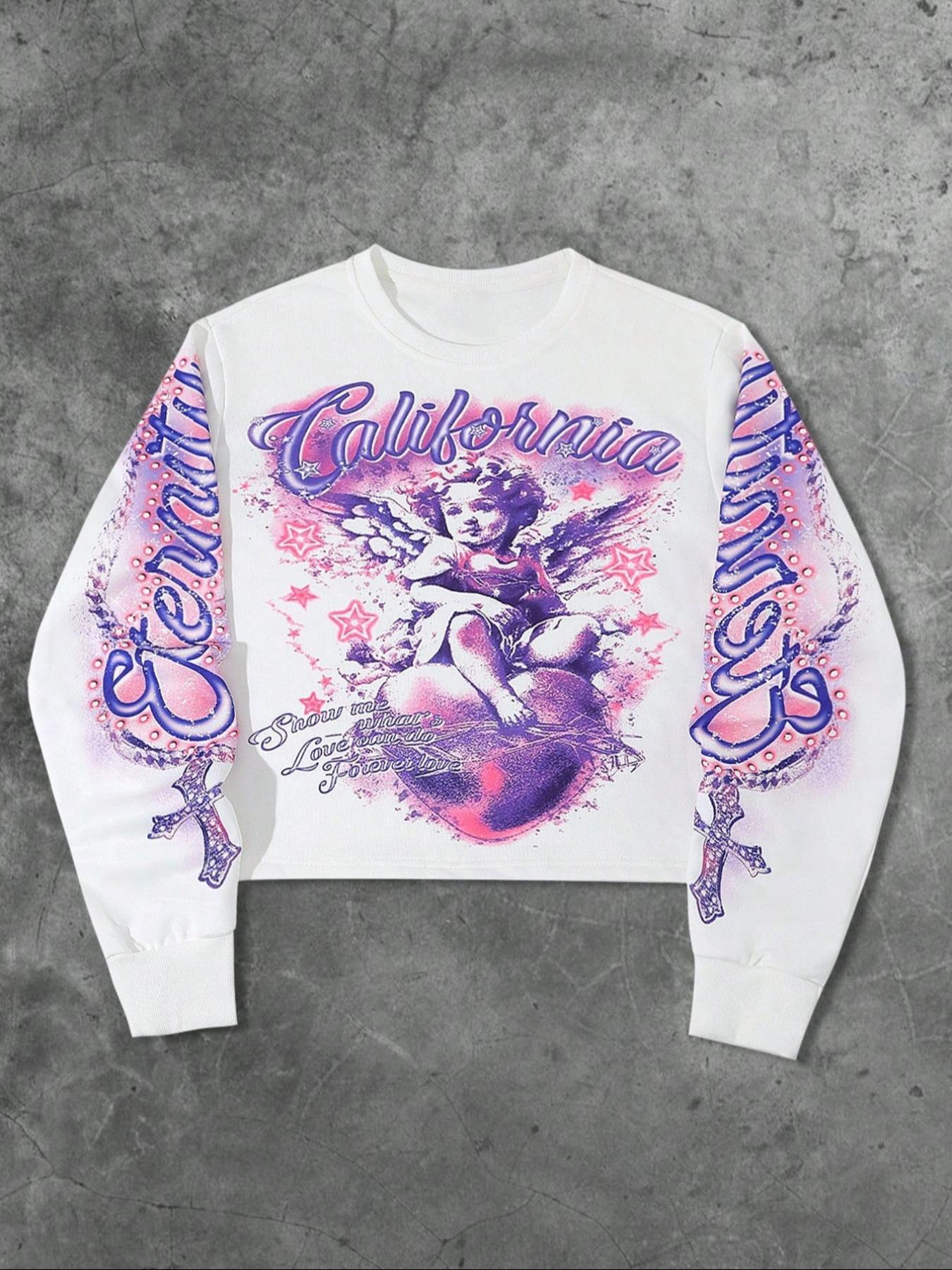 Unisex Streetwear Angel Print Design Sweatshirt, Loose-fitting Casual Long Sleeve Crewneck for Fall & Winter Fashion