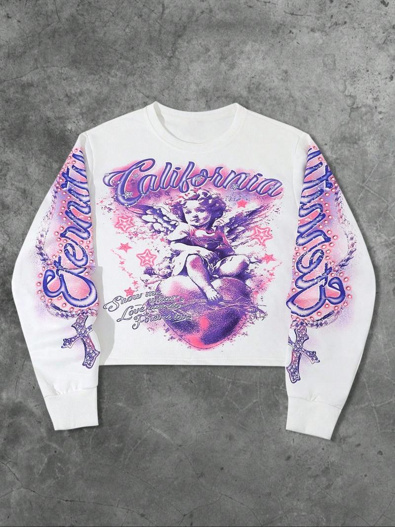Unisex Streetwear Angel Print Design Sweatshirt, Loose-fitting Casual Long Sleeve Crewneck for Fall & Winter Fashion