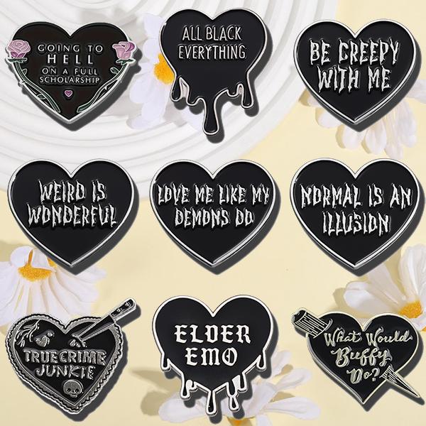 9PCS Black Heart Shaped Fun English Letter Pins Fashionable Brooches for Backpacks & Clothing Exquisite Enamel Perfect Gift Ideas