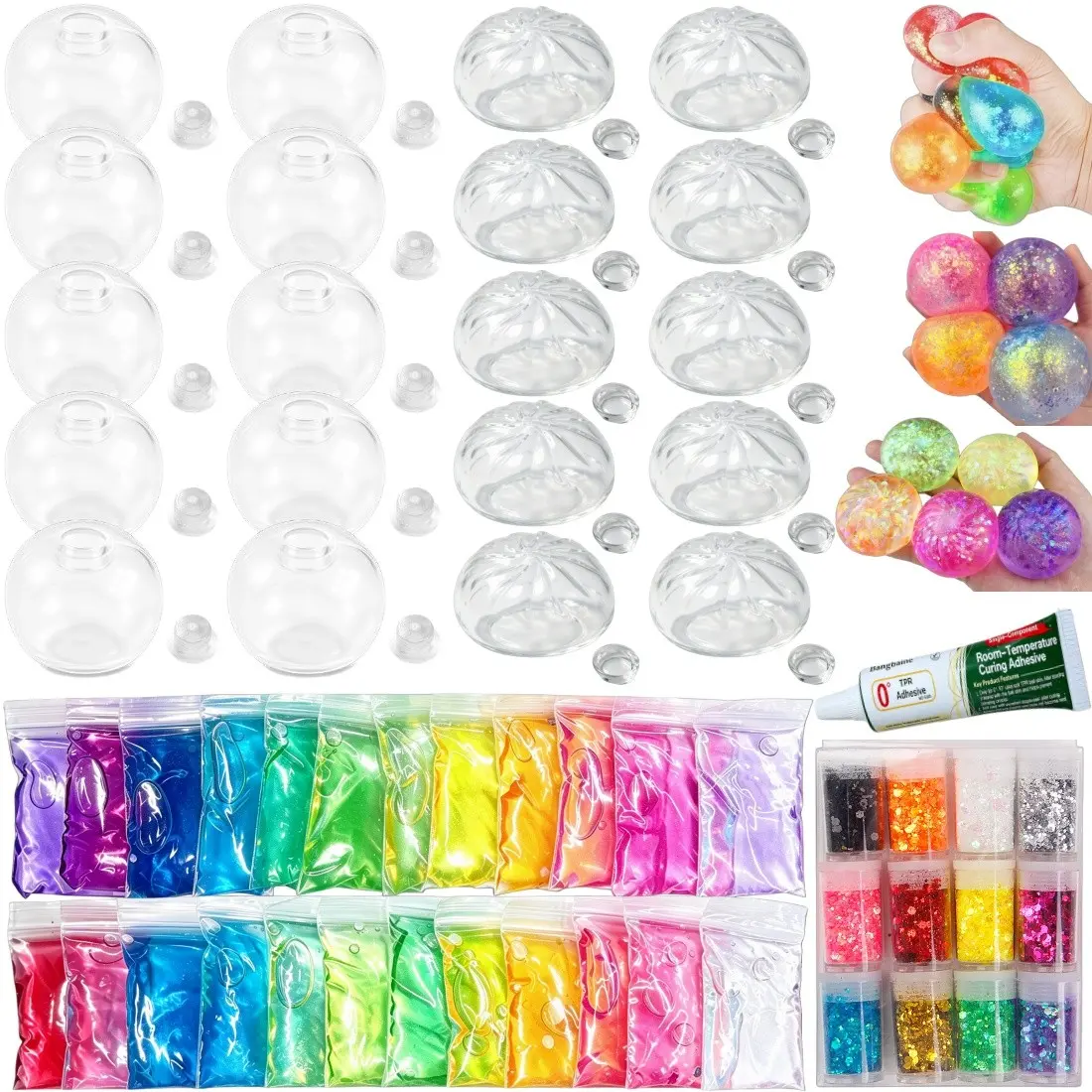 DIY Stress Ball Kit, Decompression squishy maker, 24 colors slime, 12 colors glitter powder, 4cm spherical and dumpling-shaped transparent blank skins totaling 20 pieces, suitable for stress relief soft balls
