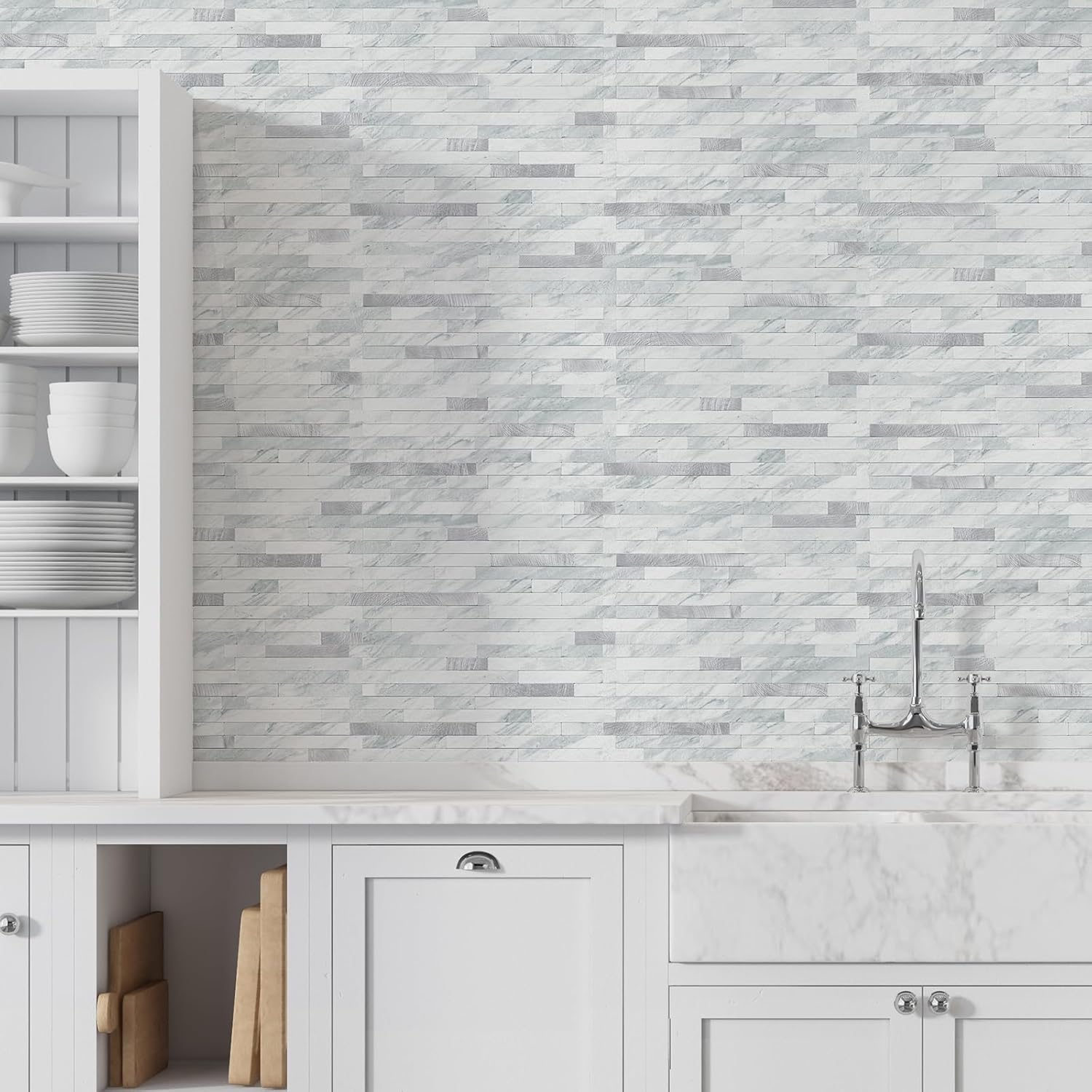 STICKGOO 20 Sheets Peel and Stick Backsplash Tile, Tile Stickers, Stick on Backsplash for Kitchen and Bathroom, Volakas White Look PVC Mixed Metal Silver Self Adhesive Wall Tiles