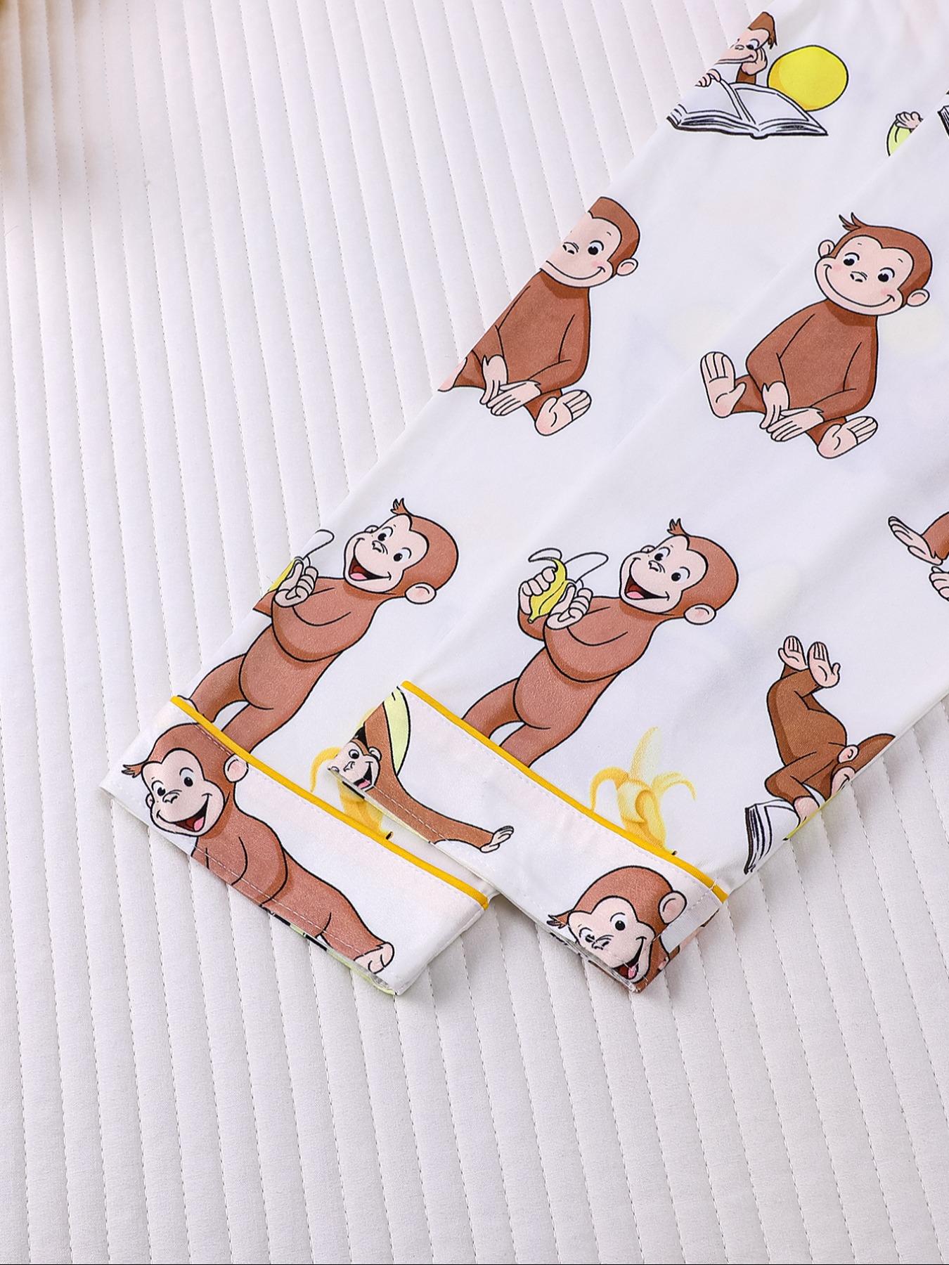 Women's Monkey Banana Print Pajama Set Pjs, Comfortable Long Sleeve Button Shirt & Elastic Pants, Casual Home Wear Loungewear for All Seasons