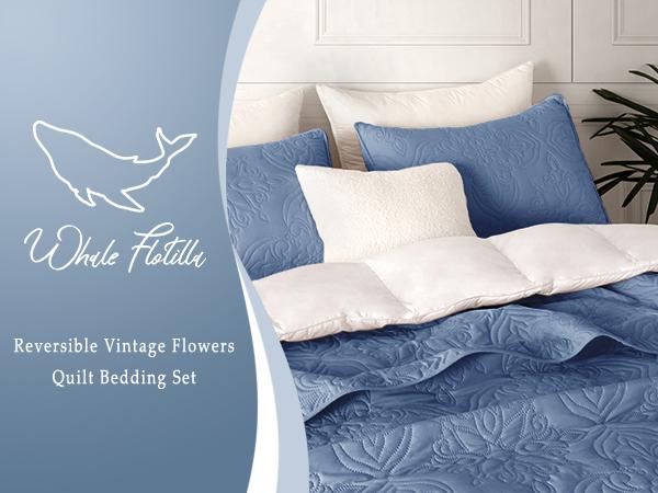 Whale Flotilla Soft Queen Quilt Bedding Set for All Seasons, Vintage Damask Ultrasonic Full Size Quilts Set, Lightweight Reversible Bedspread, Coverlet, Bed Cover with 2 Pillow Shams, soft microfiber home bedroom