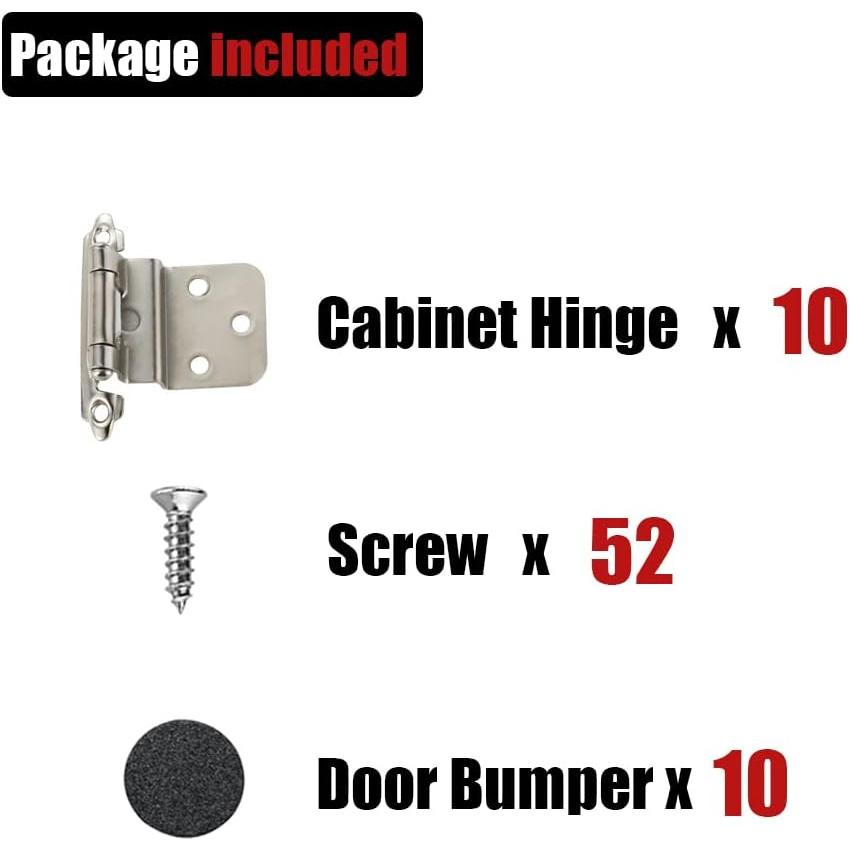 3/8 Inch Inset Cabinet Door Hinges Satin Nickel, 10 Pack 5 Pairs Flush  Mount Cupboard Self-Closing Kitchen Cabinet Hardware Hinges with Door Bumper, CH201-SN-P10