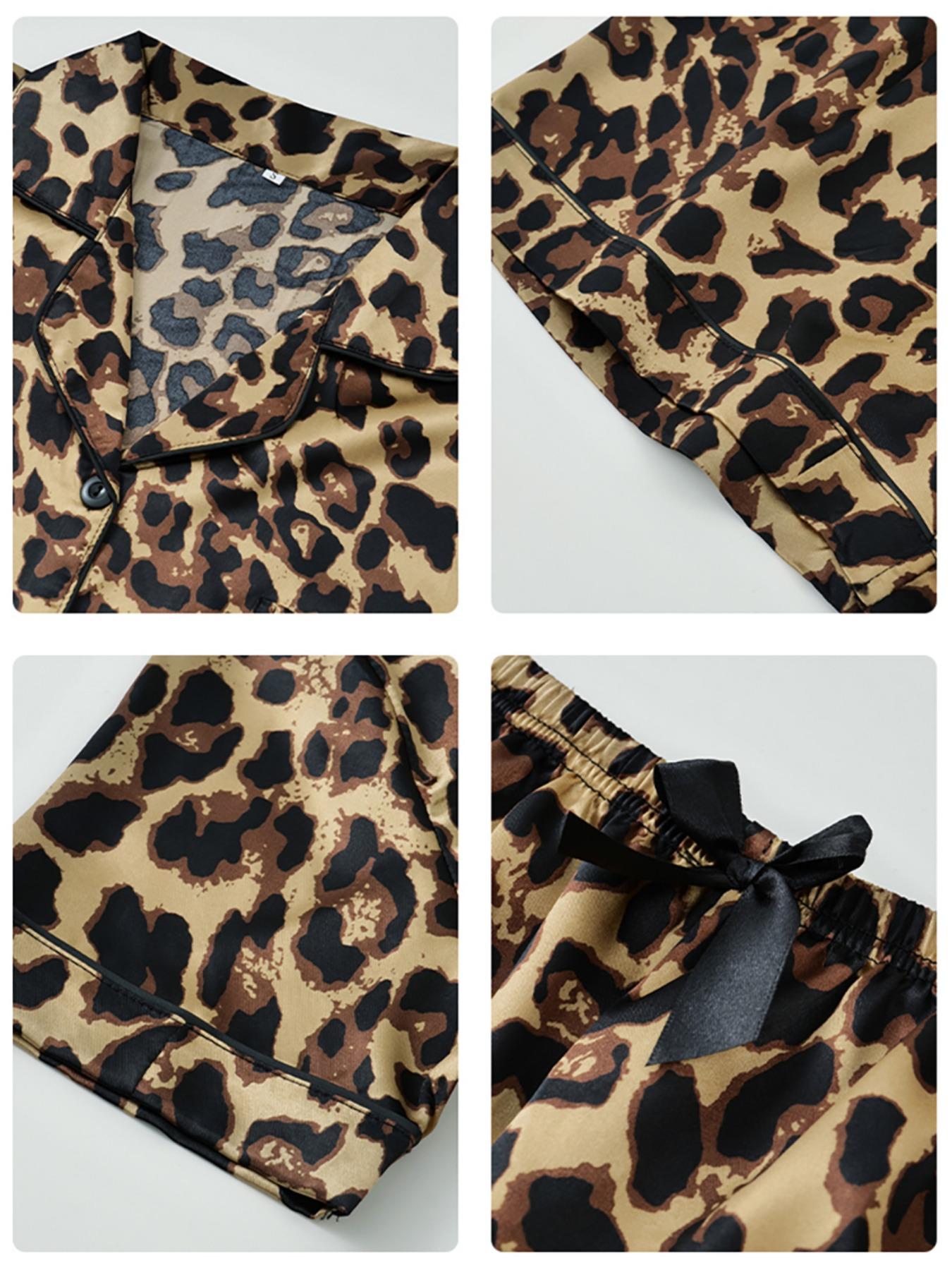 Fashion Six-Piece Women's Satin Pajama Set, Comfortable Lightweight Summer Sleepwear & Loungewear, Button Top and Bow Front Shorts, Casual Fitted Style, Leopard, Pjs Fashion Six-Piece Women's Satin Pajama Set, Comfortable Lightweight Summer Sleepwear & Loungewear, Button Top and Bow Front Shorts, Casual Fitted Style, Leopard, Pjs