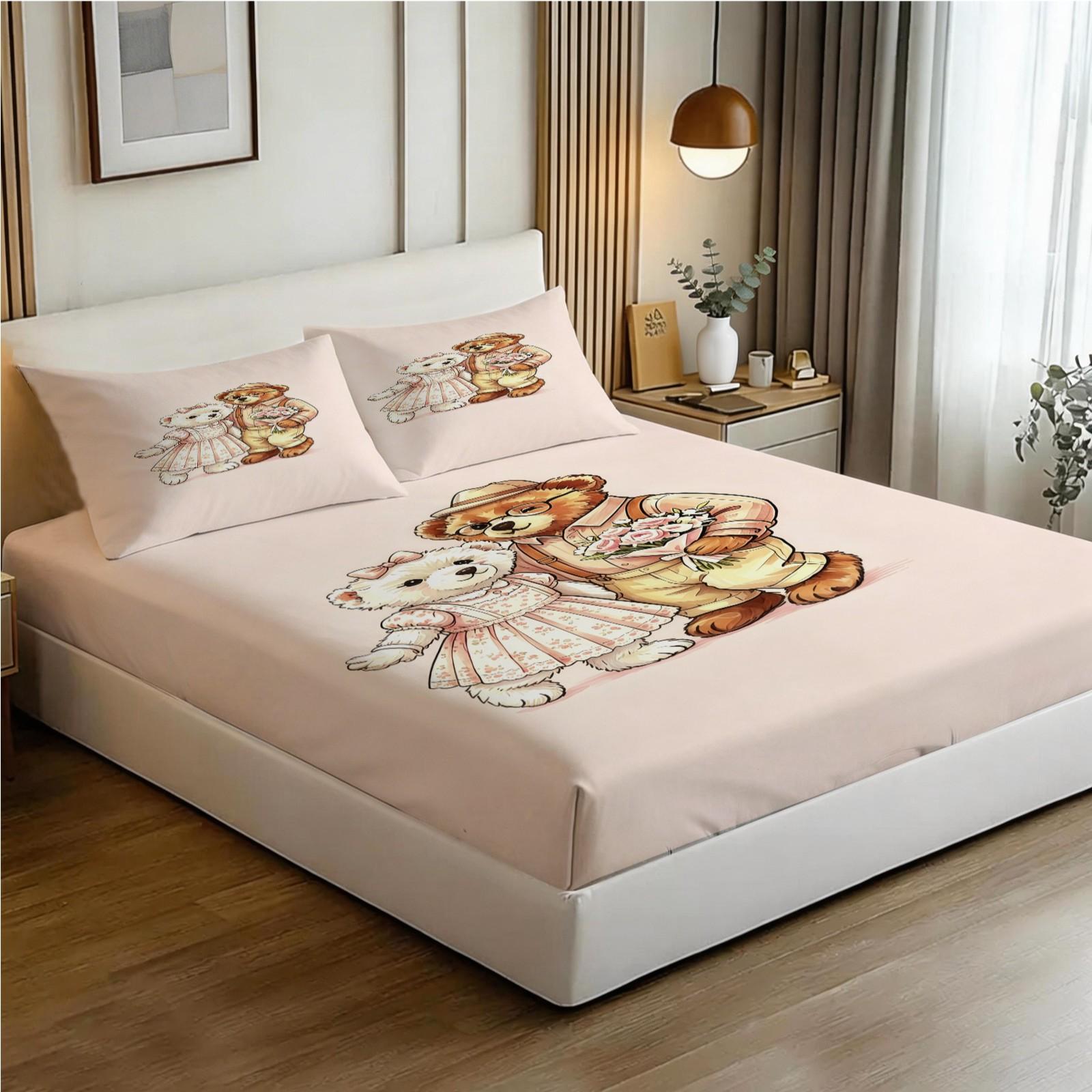 Casual Couple Bear Fitted Sheet Set, Soft Skin-Friendly, 3 Pieces (1 Fitted Sheet + 2 Pillowcases), Deep Pocket, Cute Bear Print, Pink Bedding for Girls Teens Bedroom, Aesthetic Room Decor, All Seasons