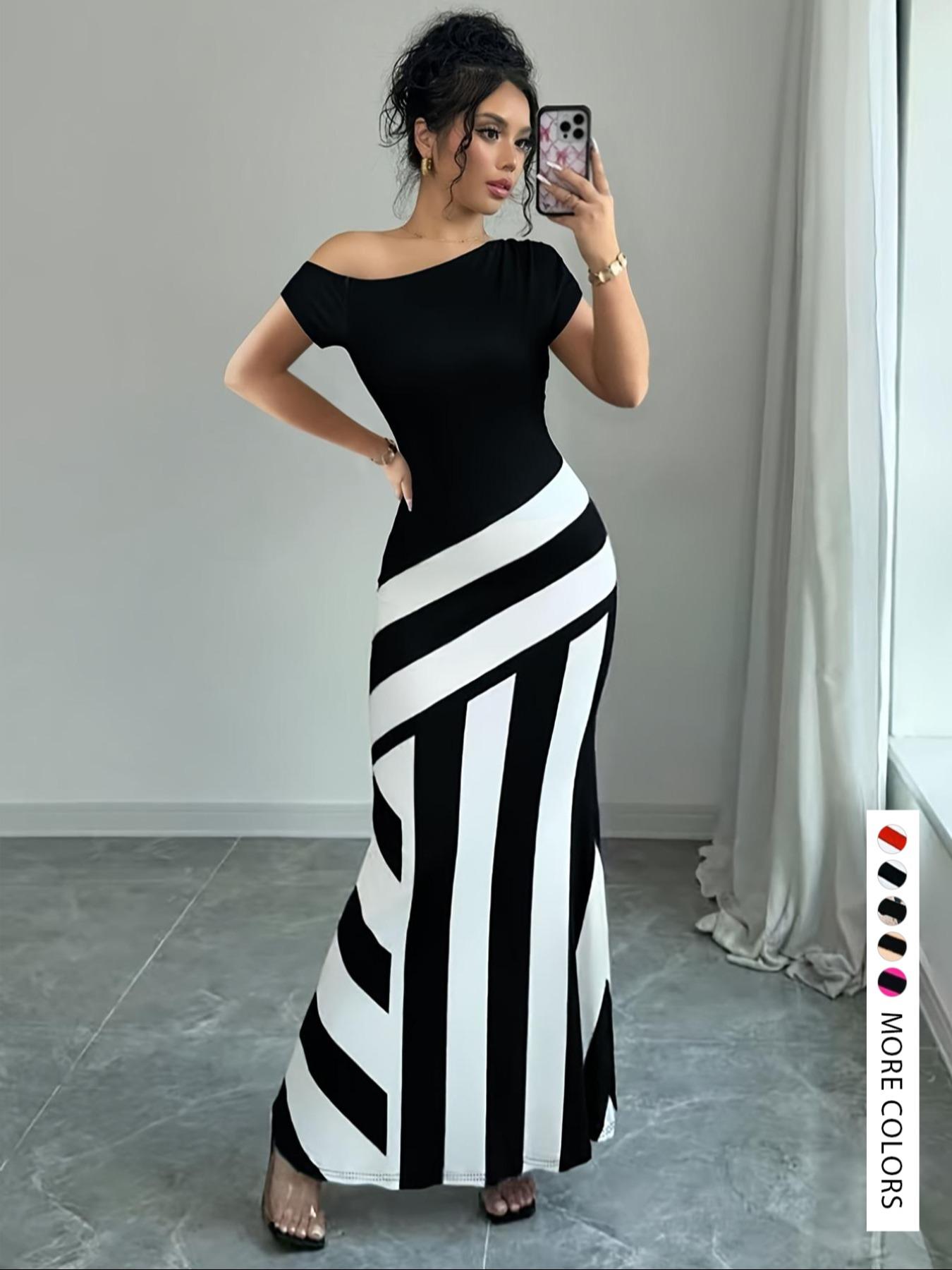 Women's Colorblock Striped Print Asymmetrical Neck Mermaid Dress, Elegant Fashion Casual Dress for Daily Outdoor Wear, Women Dress for Summer