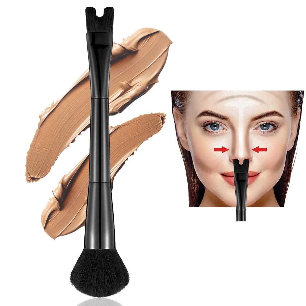 2-In-1 Contouring & Powder Brush Set, U-Shaped Dual Head Multifunctional Makeup Brush for Flawless Highlighting, Soft Bristles Precision Nose Shaping