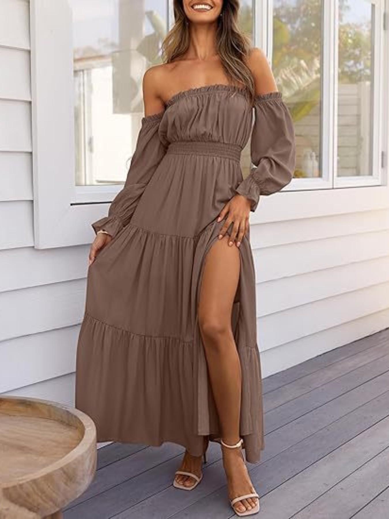 Women's Boho Style Off-Shoulder Long Sleeve Smocked High-Waist Side-Split Flowy A-Line Tiered Maxi Dress, Perfect for Casual & Party Wear - TikTok Shop Women's Boho Style Off-Shoulder Long Sleeve Smocked High-Waist Side-Split Flowy A-Line Tiered Maxi Dress, Perfect for Casual & Party Wear - TikTok Shop