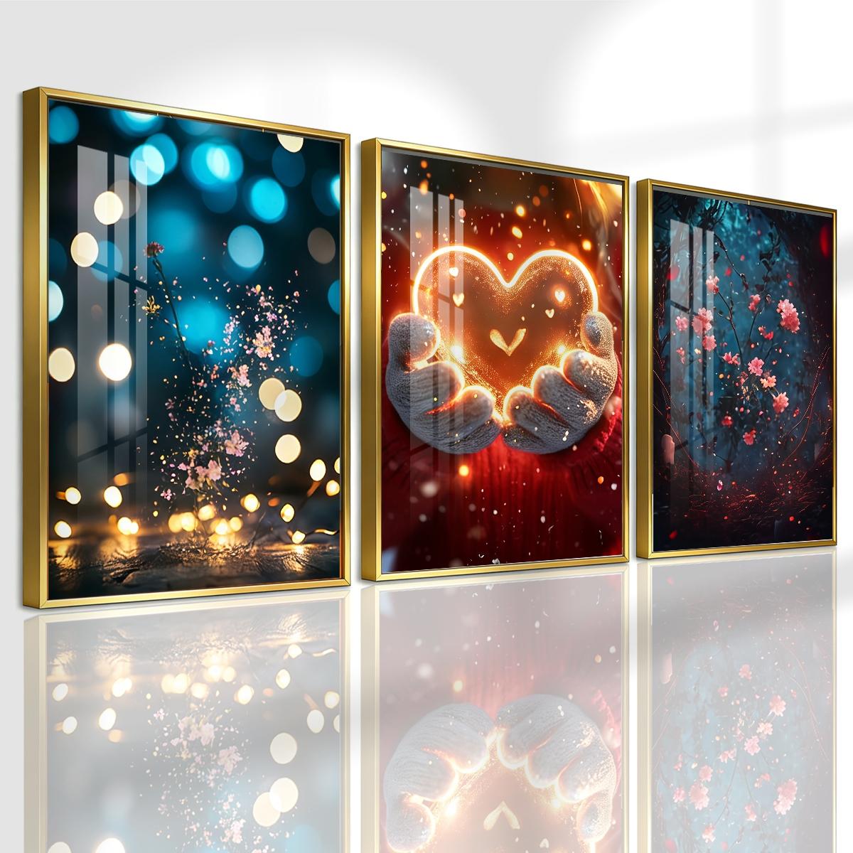3 Counts Aluminum Alloy Framed Painting, Glowing Heart And Blooming Flowers Pictures, Home Decoration For Living Room, Bedroom, Office, Restaurant, Hallway Wall Decor, Odorless Print Artwork, Luxury Perfect Gift For Friends And Family