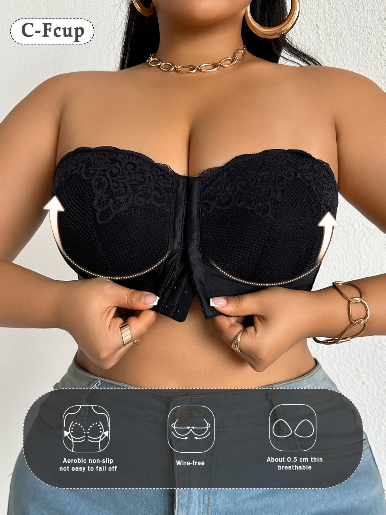 Plus-Size Women's Strapless Front-Closure Bra: Full-coverage, wire-free design offers comfort without pressure features detachable straps and is ideal for everyday wear.